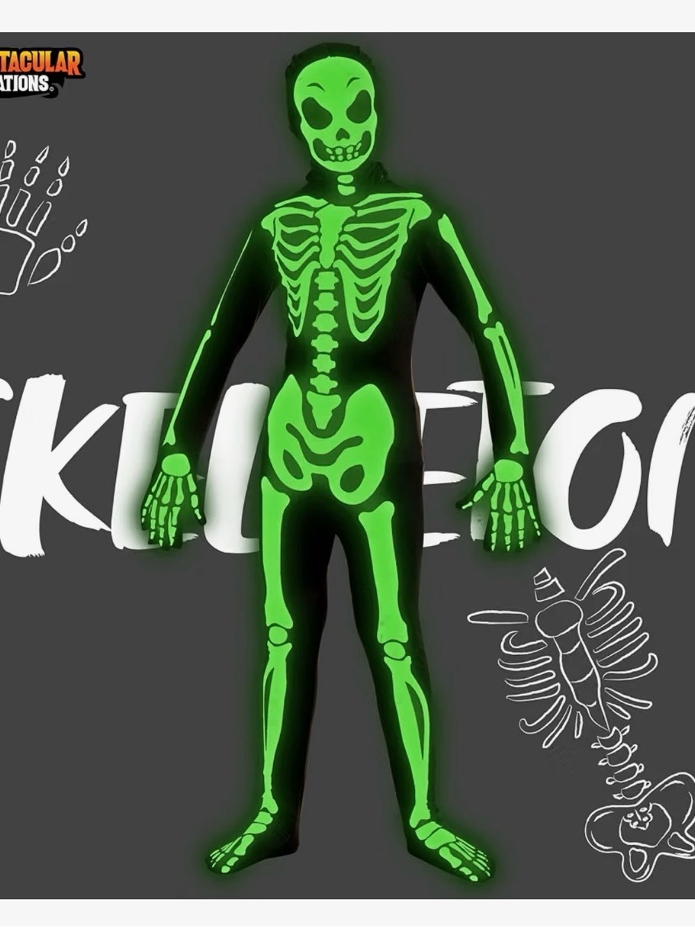 Kids Glow-In-The-Dark Skeleton Costume - Green. size XXL